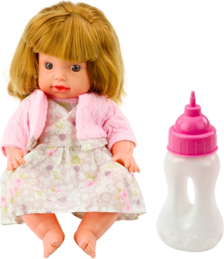 Bambola marionetta con bottiglia per nutrire con vestiti rosa e suoni 30 cm