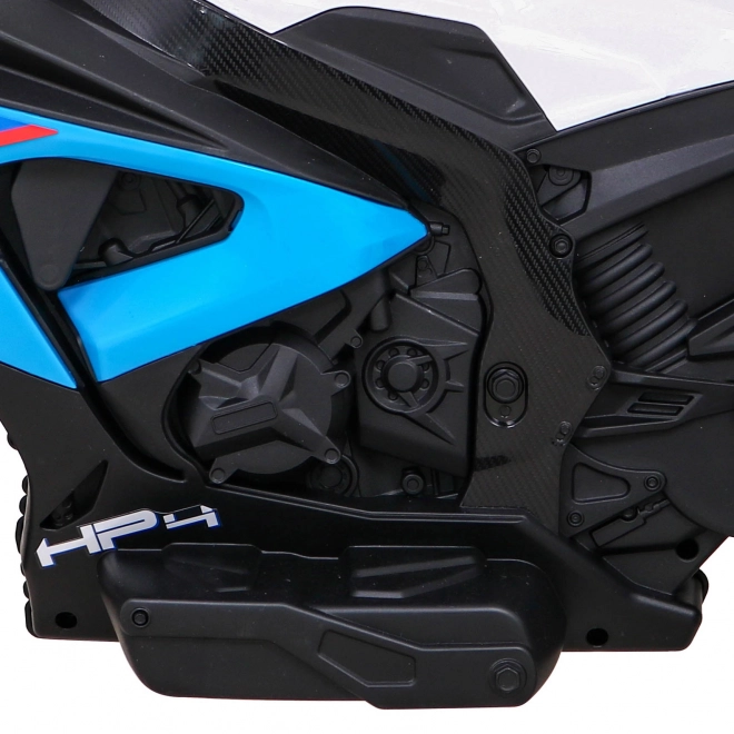 BMW HP4 Motocicletta per bambini a batteria Blu + 3 ruote + LED + MP3 USB + Pelle Eco