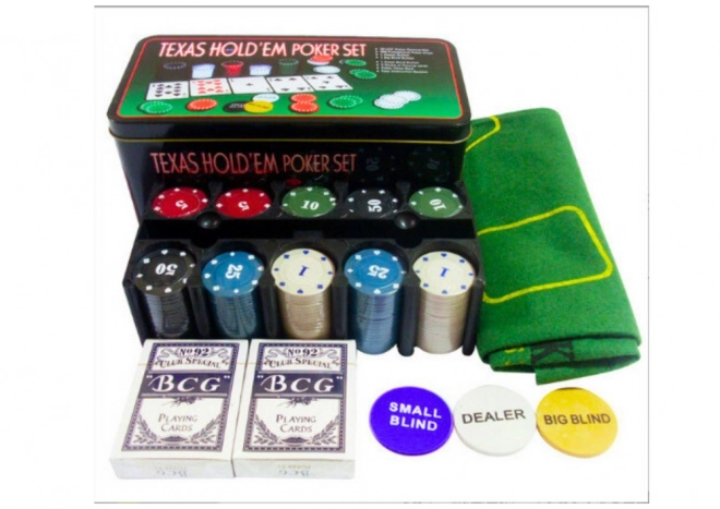 Set da gioco per poker con 2 mazzi di carte, fiches e tavoli da gioco