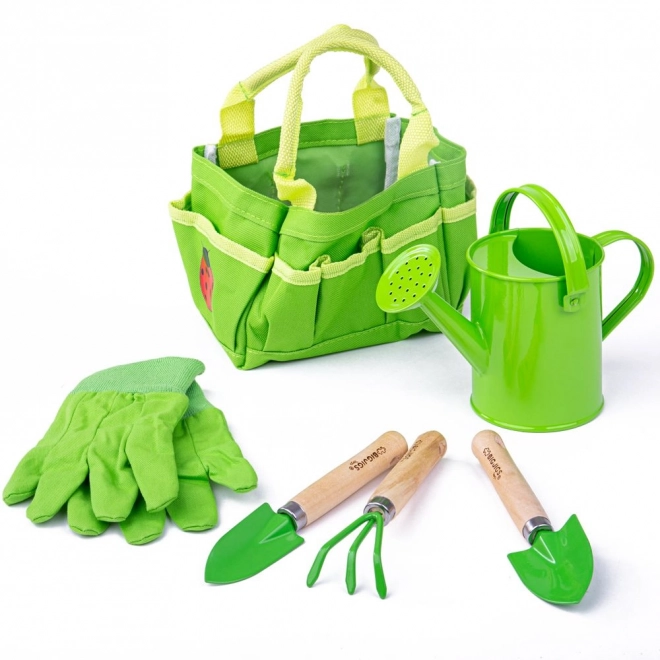 Set di attrezzi da giardino Bigjigs Toys in borsa di tela verde