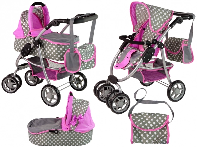 Passeggino Per Bambole 2 in 1 Rosa Stelle