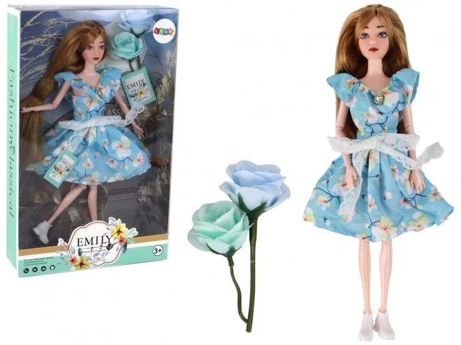 Bambola per Bambini Emily Primavera Capelli Lunghi Abito Blu Fiori