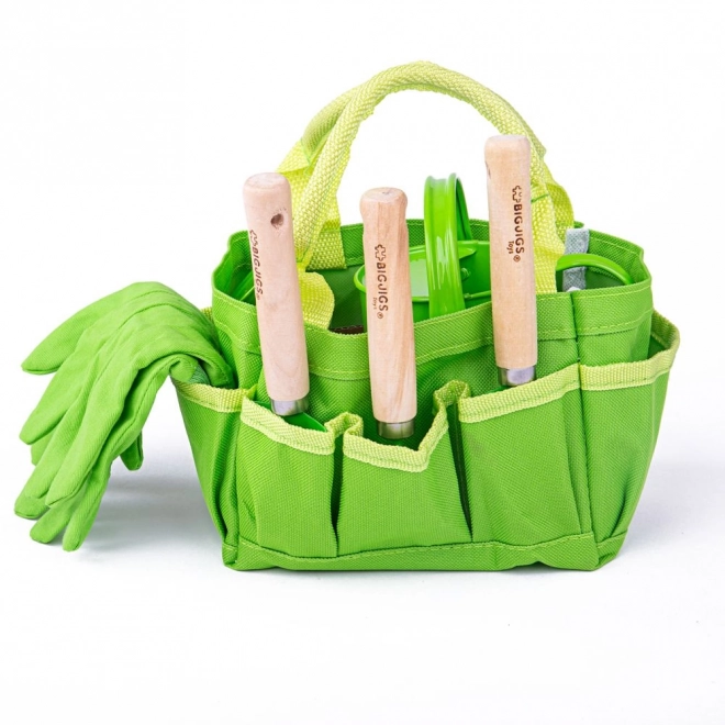 Set di attrezzi da giardino Bigjigs Toys in borsa di tela verde