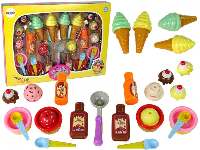 Set dolci gelato pasticcini e salse con cucchiai