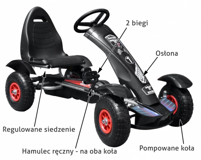 Go-kart a pedali XL da corsa per bambini 3+ nero + ruote gonfiabili + sedile regolabile + ruota libera