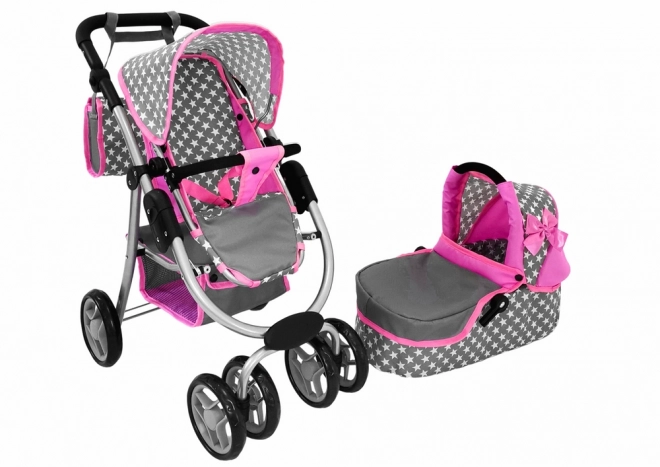 Passeggino Per Bambole 2 in 1 Rosa Stelle