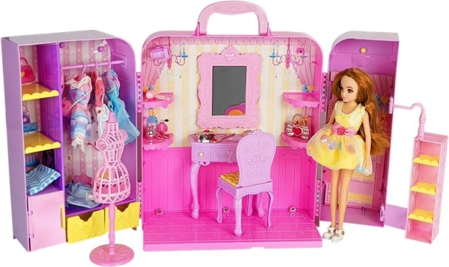Guardaroba con illuminazione e specchio, bambola 26 cm, set di abiti e accessori