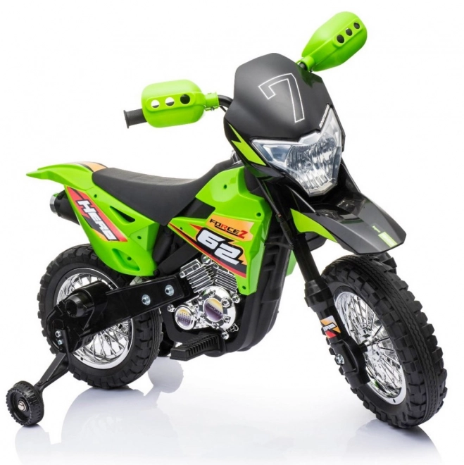 Moto elettrico per bambini verde con luci LED e ruote opzionali