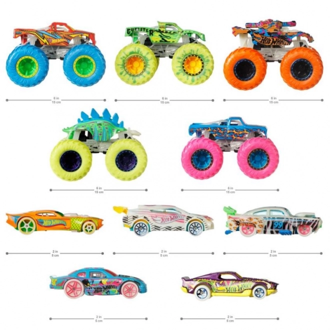 Veicoli Monster Trucks 1:64 luminosi al buio 10 pezzi