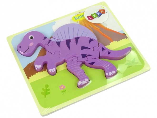 Puzzle di legno dinosauro con Corythosaurus rosa e Spinosaurus viola