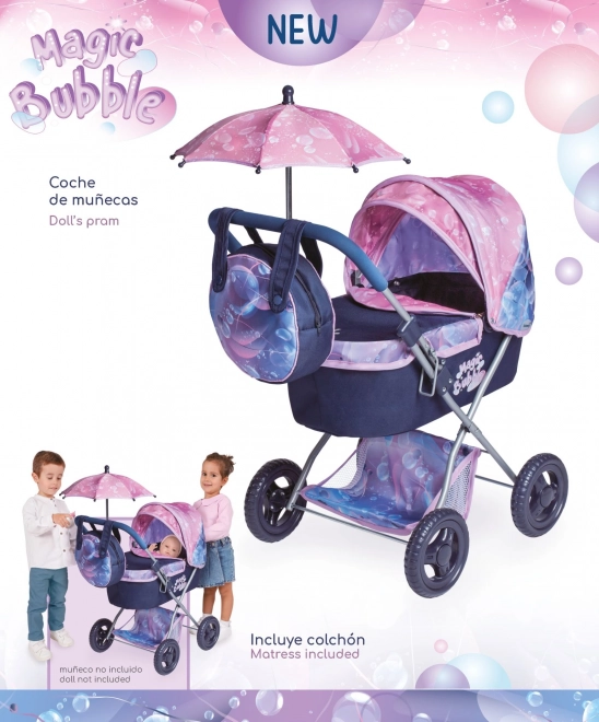 Passeggino pieghevole per bambole con ombrello e borsa Magic Bubble