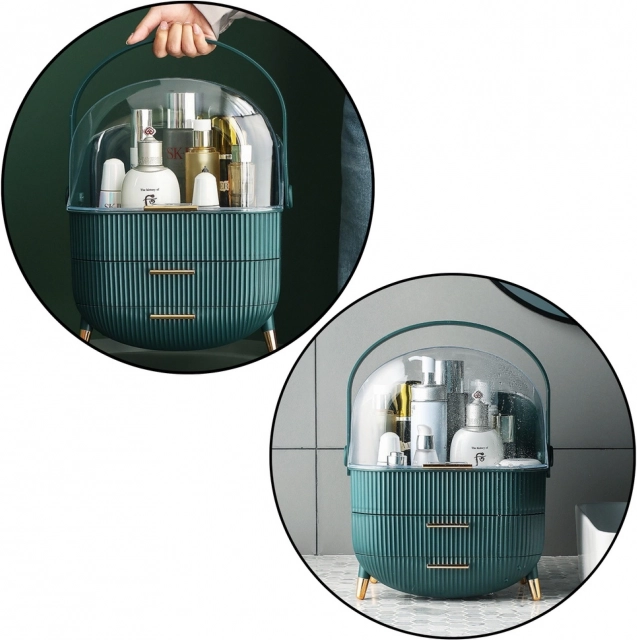 Organizer per cosmetici con coperchio trasparente e due cassetti verde