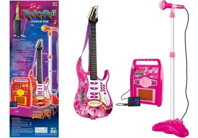 Chitarra elettrica rosa con microfono e amplificatore per bambini