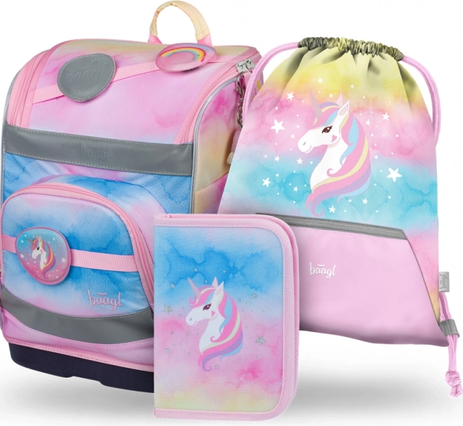 Set 3 BAAGL Zippy plus Rainbow Unicorn: cartella, astuccio e sacca