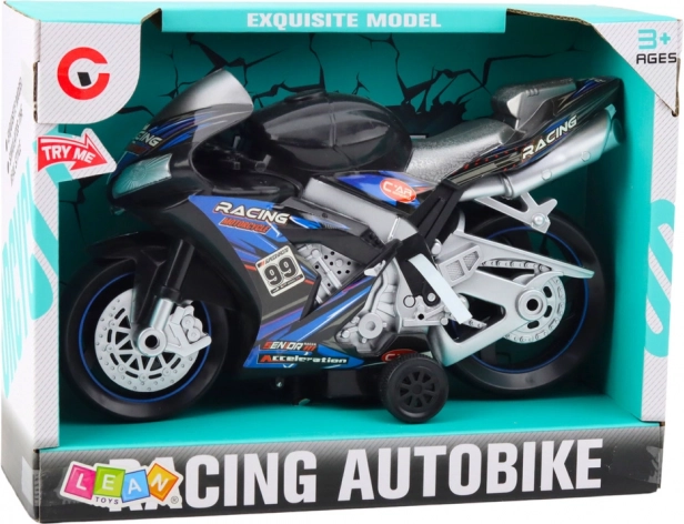Moto da corsa nero-blu con effetti luminosi e sonori
