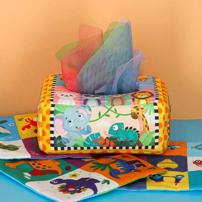 Box sensoriale Montessori con fazzoletti colorati e animaletti