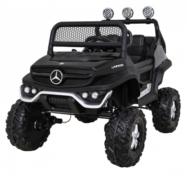 Mercedes Benz Unimog per bambini nero + trazione 4x4 + telecomando + vano bagagli + avvio lento + MP3 LED