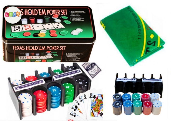 Set da gioco per poker con 2 mazzi di carte, fiches e tavoli da gioco