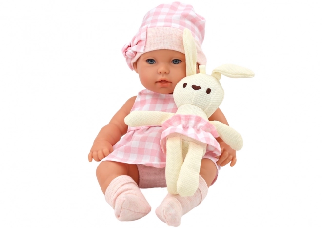 Bambola Neonato con Zaino Coniglietto in Abbigliamento a Quadri Rosa