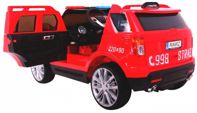SUV dei vigili del fuoco per bambini a batteria + sirene + luci + megafono + telecomando + partenza lenta + adesivi