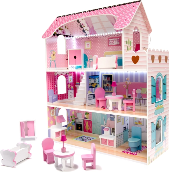 Casa delle bambole in legno con mobili - 70 cm