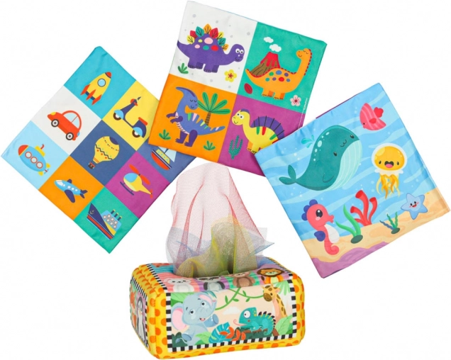 Box sensoriale Montessori con fazzoletti colorati e animaletti
