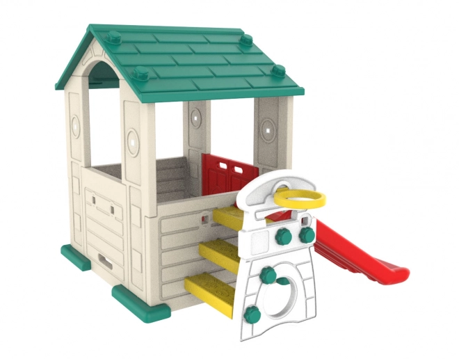 Casetta da giardino per bambini con scivolo e basket