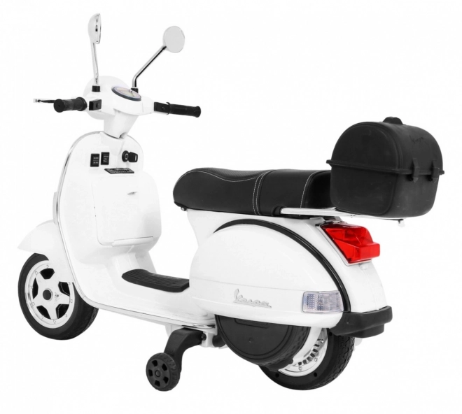 Scooter elettrico Vespa per bambini bianco con rotelle ausiliarie e audio