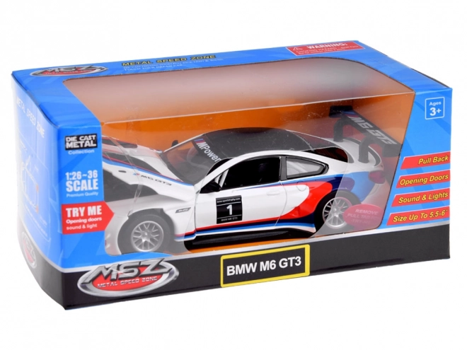 Modello in metallo BMW M6 GT3 con luce e suono in scala 1:32