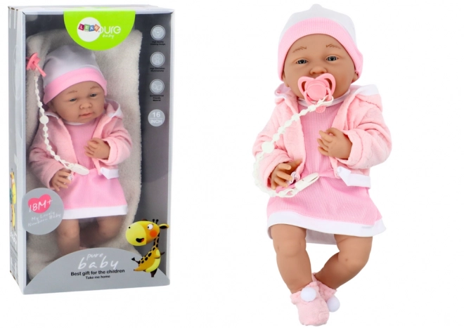 Bambola bebè con ciuccio vestito e cappellino rosa con accessori e coperta