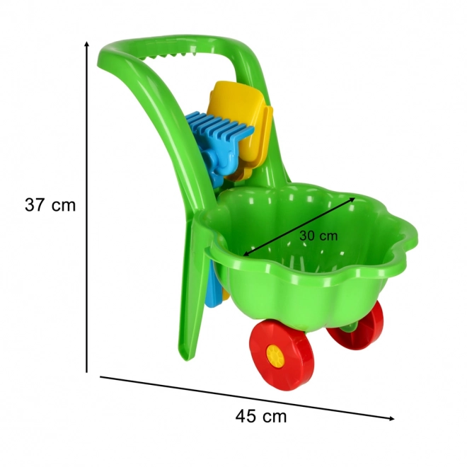 Carriola verde per bambini con set da giardino