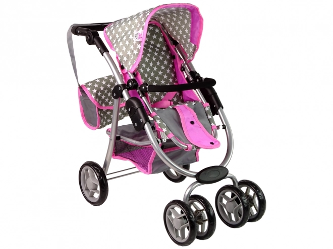 Passeggino Per Bambole 2 in 1 Rosa Stelle