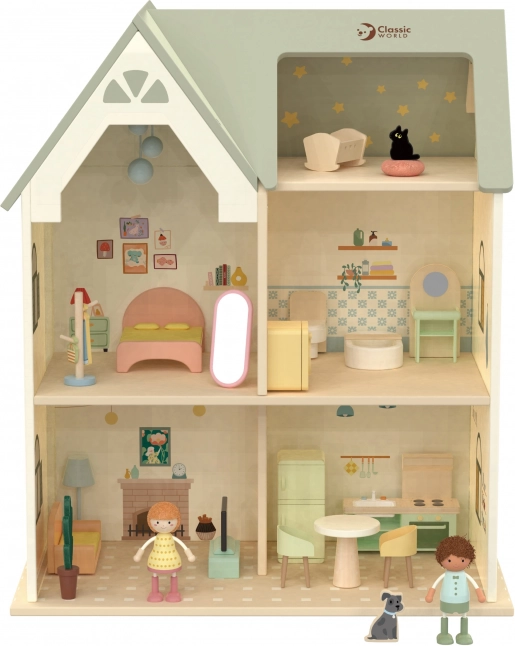Grande casa delle bambole in legno con mobili