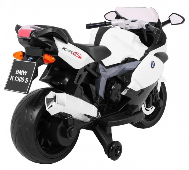 BMW K1300S Motocicletta per Bambini a batteria bianca + ruote ausiliarie + suoni Luci + partenza lenta