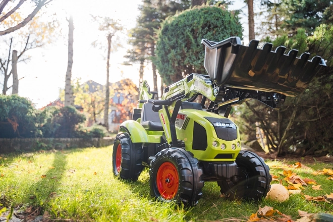 Trattore a pedali Claas Axos - con benna anteriore e posteriore + rimorchio