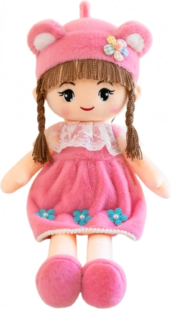 Bambola di peluche con vestito rosa e cappello con orecchie 45 cm