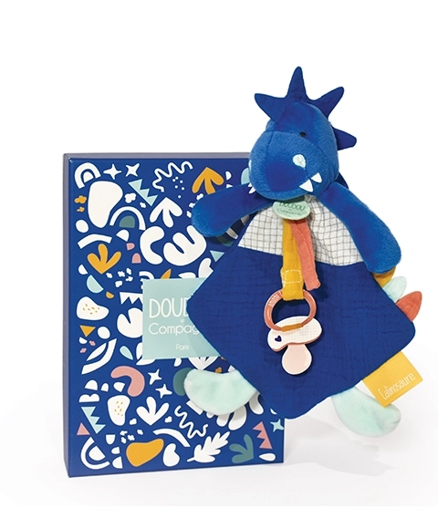 Doudou dinosauro blu con porta ciuccio