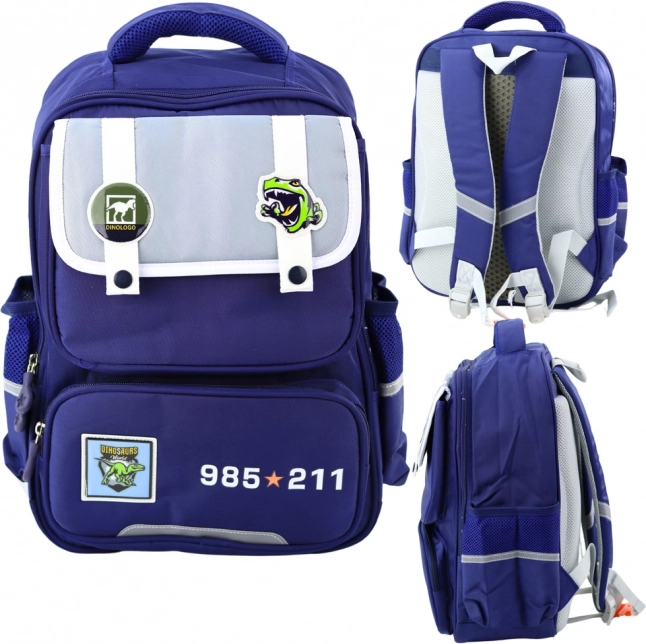 Zaino scolastico per bambini con toppe di dinosauri, blu navy