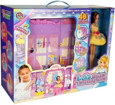 Guardaroba con illuminazione e specchio, bambola 26 cm, set di abiti e accessori