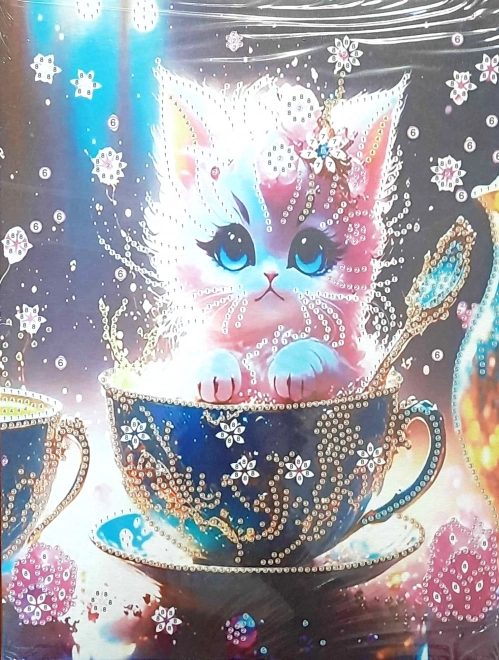 Dipinto a diamante su tela con gattino in tazza da tè 23x30cm