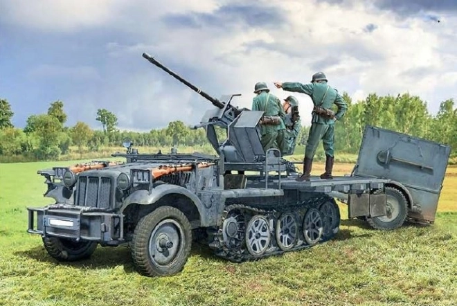 Modello di veicolo militare Sd.Kfz 10/4 con Flak 30 e equipaggio 1/35