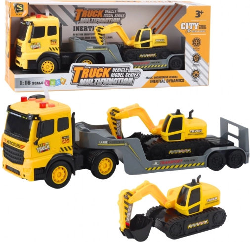Camion con pianale ribassato e escavatore cingolato 1:16, giallo