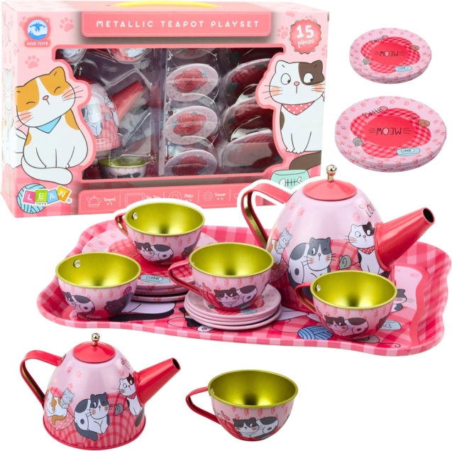 Set da tè in metallo per bambini con motivo gatti, rosa, 15 pezzi