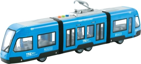 Tram di colore blu con porte apribili ed effetti luminosi
