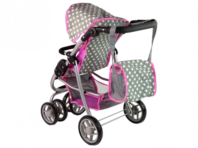 Passeggino Per Bambole 2 in 1 Rosa Stelle