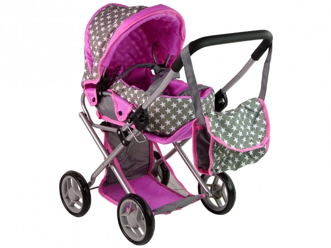 Passeggino per bambole 2 in 1 con borsa grigio e rosa stelle