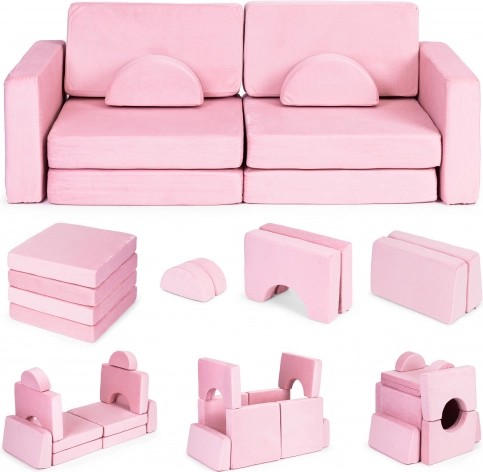 Grande divano modulare pieghevole a due posti per bambini fai-da-te con 10 cuscini morbidi - rosa ECOTOYS