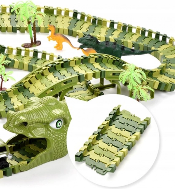 Pista da corsa di dinosauro con macchinina e figurine