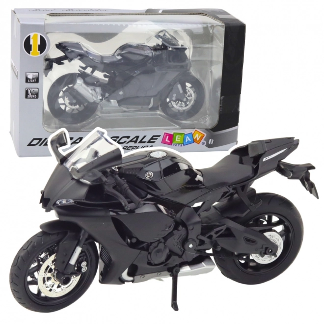 Modello di motocicletta sportiva nero con elementi metallici 1:12