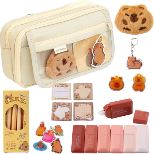 Astuccio scolastico beige con accessori a tema capibara